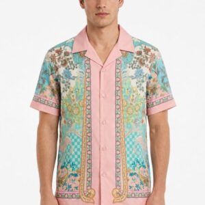Camisa estampada de manga corta Gianni Lupo para hombre, regular fit, cuello camp, color rosa multicolor